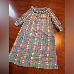Vintage 70s First Lady Colorful Purple Plaid Ruffle Collar Size 14 midi maxi